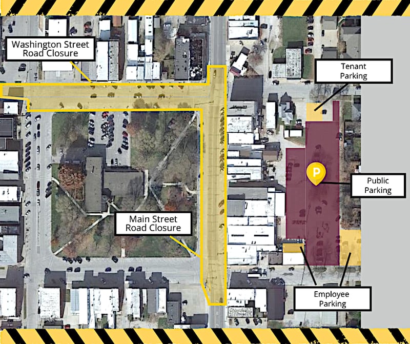 Map shows current and coming downtown street closures and parking options.