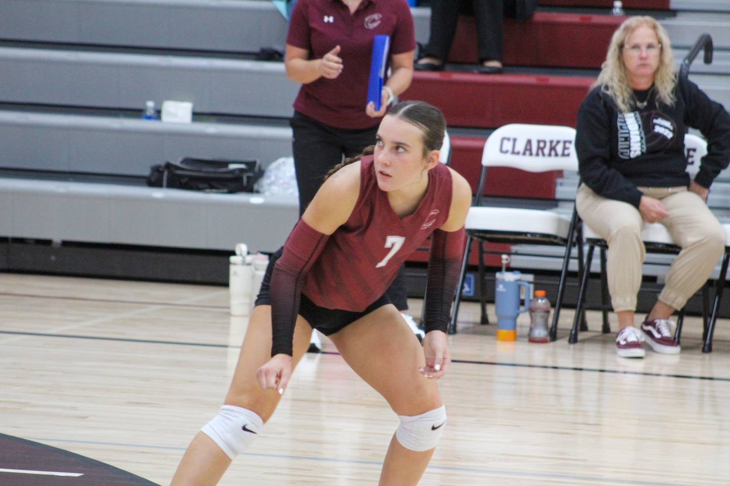 Reagan Fry watches for the serve.