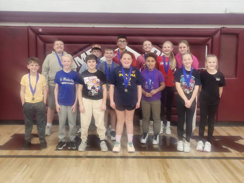 Knights of Columbus District Free Throw participants on Feb. 9. Those with medals continued on to the Regional competition on March 2.
Front row l-r: Ricky Barnes (9) Murray, Asher Merritt (9) Creston, Reid Baird (10) Creston, Claire Ide (9) Creston, Amari Nathaniel (11) Osceola, Gracie Graves (10) Osceola, Haylee Ahrens (9) Osceola.
Back row l-r: Ajae Mendenhall (13) Leon, Nolan Short (12) Osceola, Oliver Rychnovsky (10) Osceola, Matthew Magallon (14) Osceola, Ava McGuire (12) Afton, Rylee Nelsen (11) Osceola, Aubrey Nissen (13) Osceola.