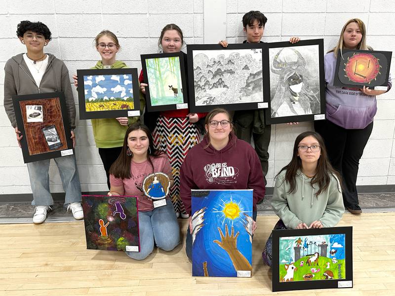 Clarke students selected to represent their school in the 2025 Youth Art Month Show. Back row l-r: Emmanuel Gomez-Corona (9th Grade), Janie Antoine (12th Grade), Rachel Jaurigue (12th Grade), Jacob Abma (10th Grade), Ky Moffitt (11th Grade). Front row l-r: Kierstin Smith (12th Grade), Emma Arnold (10th Grade), Itzel Flores (7th Grade). Not pictured: Mario Perez (11th Grade), Stephy Leyva Rodriguez (9th Grade).