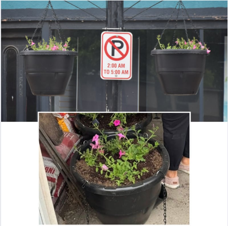 Hanging flower baskets add color to downtown Osceola.