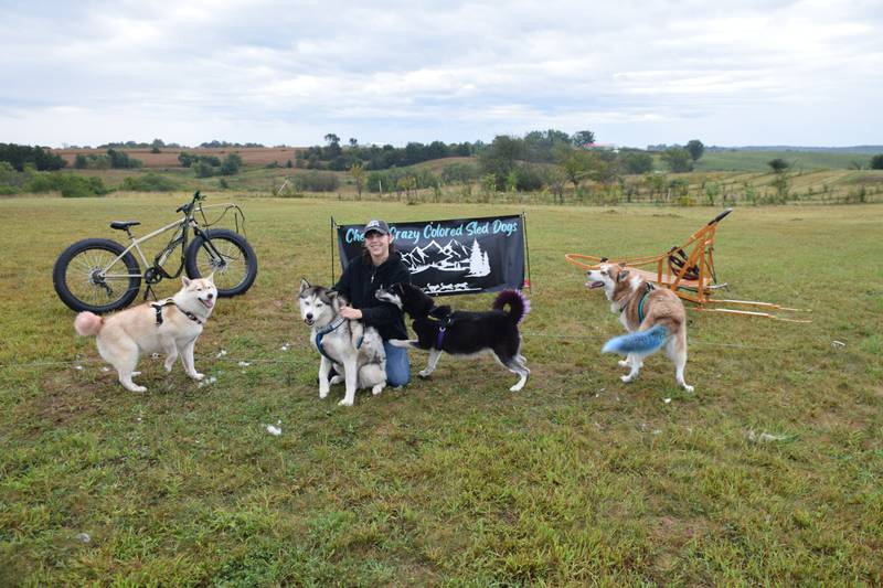 Cheyeanne Carte of Cheye’s Crazy Colored Sled Dogs poses with her sled dog pack at the Paws in Park Event Sept. 20. Dogs from left are Yuri, Yukon, Halo and Apache.