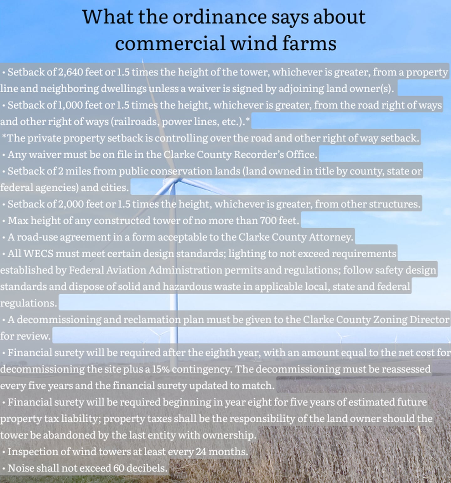 Some of the highlights of the Clarke County wind oridnance.