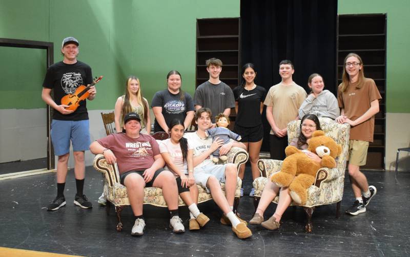 The cast of Clarke’s spring play. Front row l-r: Jonathan Galvez, Val Medina, Zeke Lundquist and Aryanna Hewlett. Back row l-r: Easton Brokaw, Leah Flowers, Ahnyka Hewlett, Joey Turpin, assistant director Liliana Contreras, Blaze Schiltz, Macayla Hicks and Cayden Anderson. Not pictured: Abbie Schlichte and Madden Mahan.