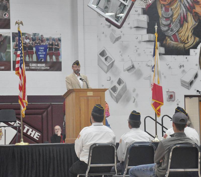 Lieutenant Richard Bucklin speaks at Clarke High School's Veterans Day program on Nov. 10.
