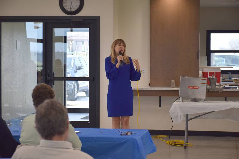 Sen. Sarah Trone Garriott (D-Waukee) talks at a Clarke County Democratic town hall on April 3.
