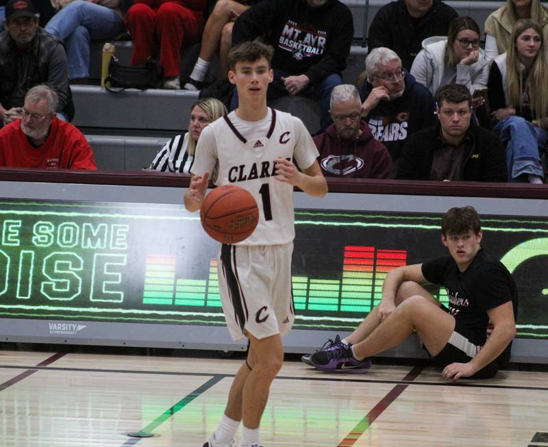 Peyton Lynn looks for an open teammate at Clarke's home game against Mount Ayr Jan. 15.