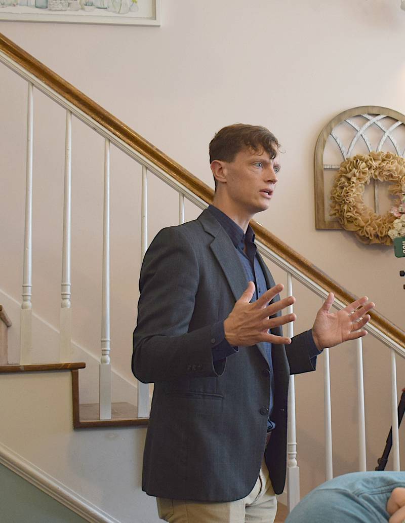 Iowa Auditor Rob Sand talks to citizens Aug. 18 in Osceola.