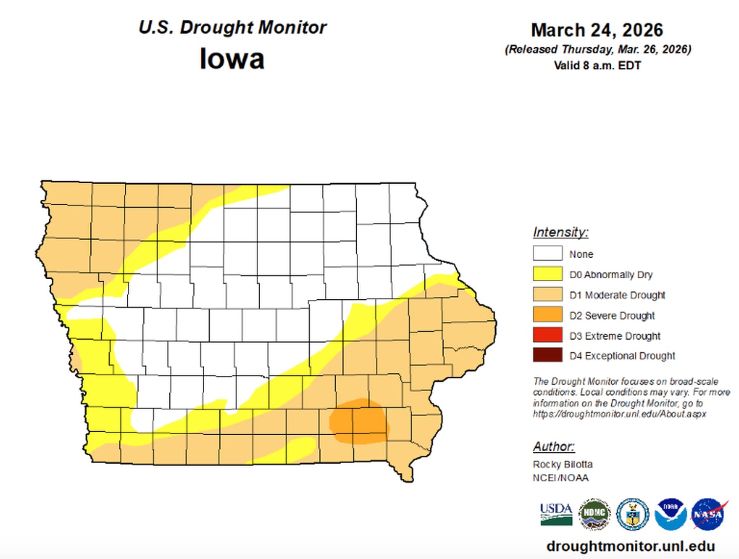 U.S. Drought Monitor for Iowa March 24, 2026.
