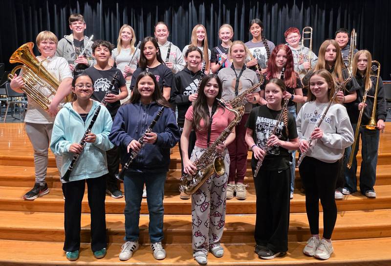 The seventh and eighth grade band participants. Front row l-r: Aurora Contreras, Sangvane Ford, Ava Surls, Ivee Lear, Clare Hicks. Middle row l-r: Haydon Brokaw, Malikai Utley, Katana Ford, Rylee Rivera, Collins Readout, Chloe Cockayne, Dylynn Jensen, Ellie Mumaw. Back row l-r: Nolan Shields, Hali Nelsen, Brynnley Porter, Carly Truitt, Rylee Nelsen, Citlali Torres, Logan Doss, Josue Rivera. Not pictured: Audree Ahrens.