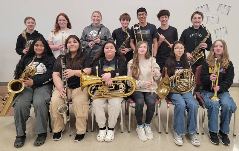 Clarke 8th grade band students participating in the 2025 SCC Honor Band. Back Row – (from left to right): Kenley Chesnut (trumpet), Kaitlyn Glenn (trumpet), Klaire Blackford (clarinet), Joseph DeVore (tenor saxophone), Matthew Magallon (trombone), Liam Caldwell (percussion), Jack Voss (alto saxophone)

Front Row – (from left to right): Neo Mora (bari saxophone), Naomi Medrano (bass clarinet), Briana Garcia (euphonium), Arrianna Parrish-Day (flute), Natalie Patino (French Horn), Jordan Murphy (trumpet)
