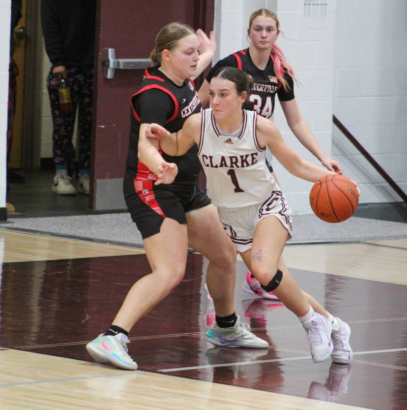 Reagan Fry moves to the basket at Clarke's home game against Centerville.