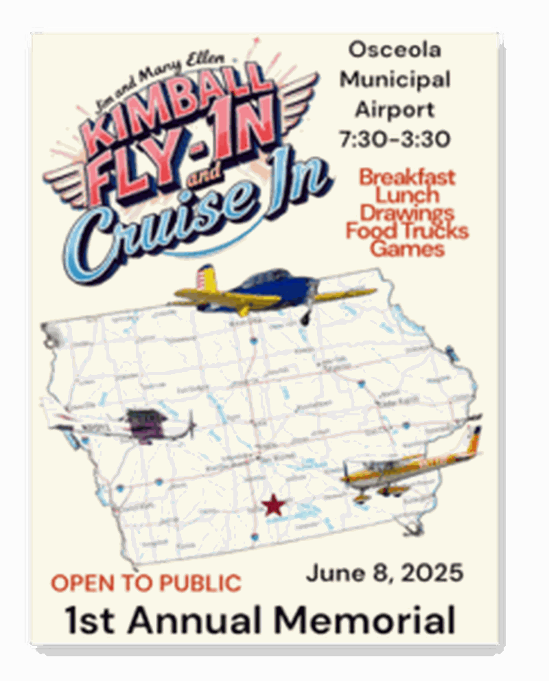Inaugural Fly-In and Cruise to be held June 8 at the Osceola Municipal Airport in honor of Dr. James and Mary Ellen Kimball.