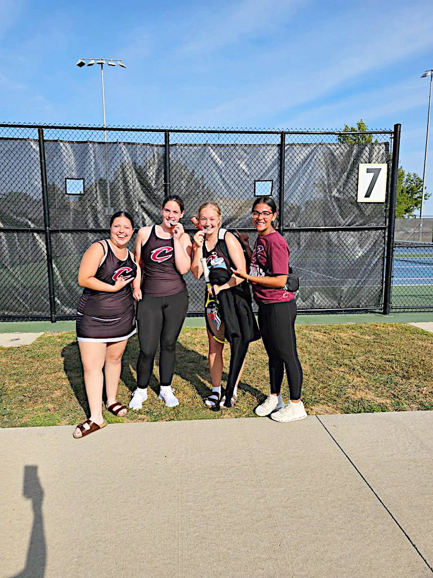 The doubles team of Emily Glenn and Mylee Miller, center two, placed second in the SCC Tournament, while Aryanna Hewlett, left, and Abbi Nash, right, placed fifth.