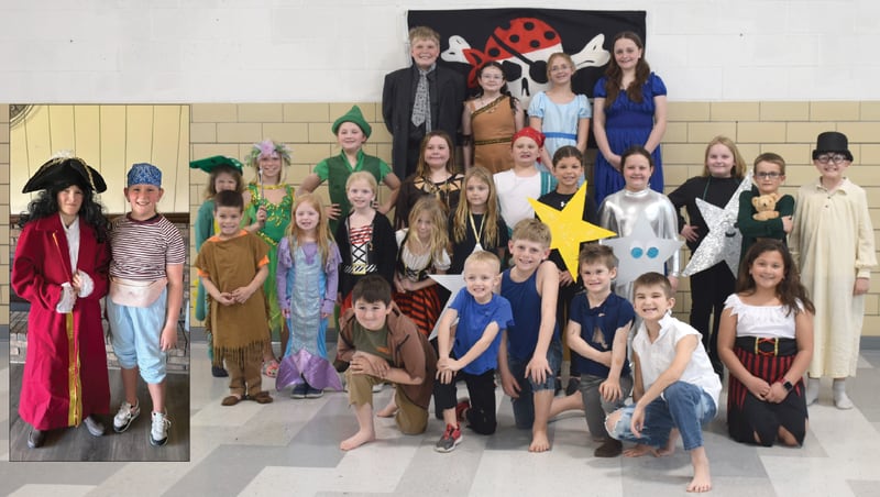 The cast of Osceola Children’s Theatre’s production of “Peter Pan.” Inset: Jayden Lampe and Collins Readout. Front row (l-r), Quinn Keller, Brenten Porter, Luke Readout, Anson Audlehelm, Mason Wells, Jessa Navas; second row, Tate Browne, Aliza Robinson, Ava Robinson, Killeean Thornton, Keera Thornton, Graylee Grainge, Aubrie Cross, Sutton Jones, Cameron Lampe, Brecken Porter; third row, Paisley Lampe, Landry Readout, Rowan Keller, Timber Page, Jaxson Toney; back row, Haydon Brokaw, Addilyn Cross, Hali Nelsen, Brynnley Porter.