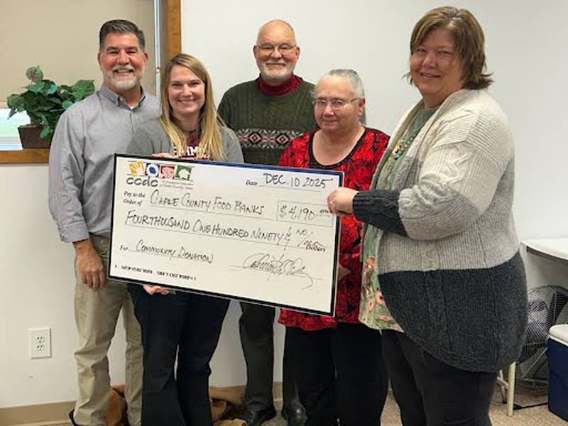 Pictured left to right: Andrew B. Clark, Executive Director of the Clarke County Development Corporation; Becca Kedley, Clarke Community Schools Food Bank; Kevin Emanuel, CCDC President; Eva Austin, Osceola Full Gospel Church Food Bank; and Ami Heckman, Murray Church of Christ Food Bank, during the presentation of CCDC’s 2025 Community Donation at the December 10 board meeting.