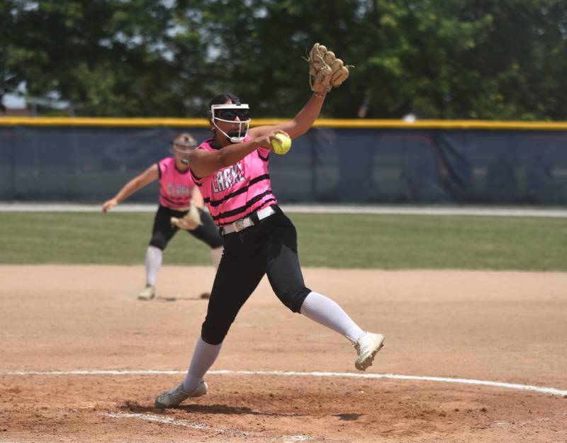 Abbi Nash winds up for the pitch as Clarke took on East Union in their first game of the John Stephens Classic tournament at Creston June 14.