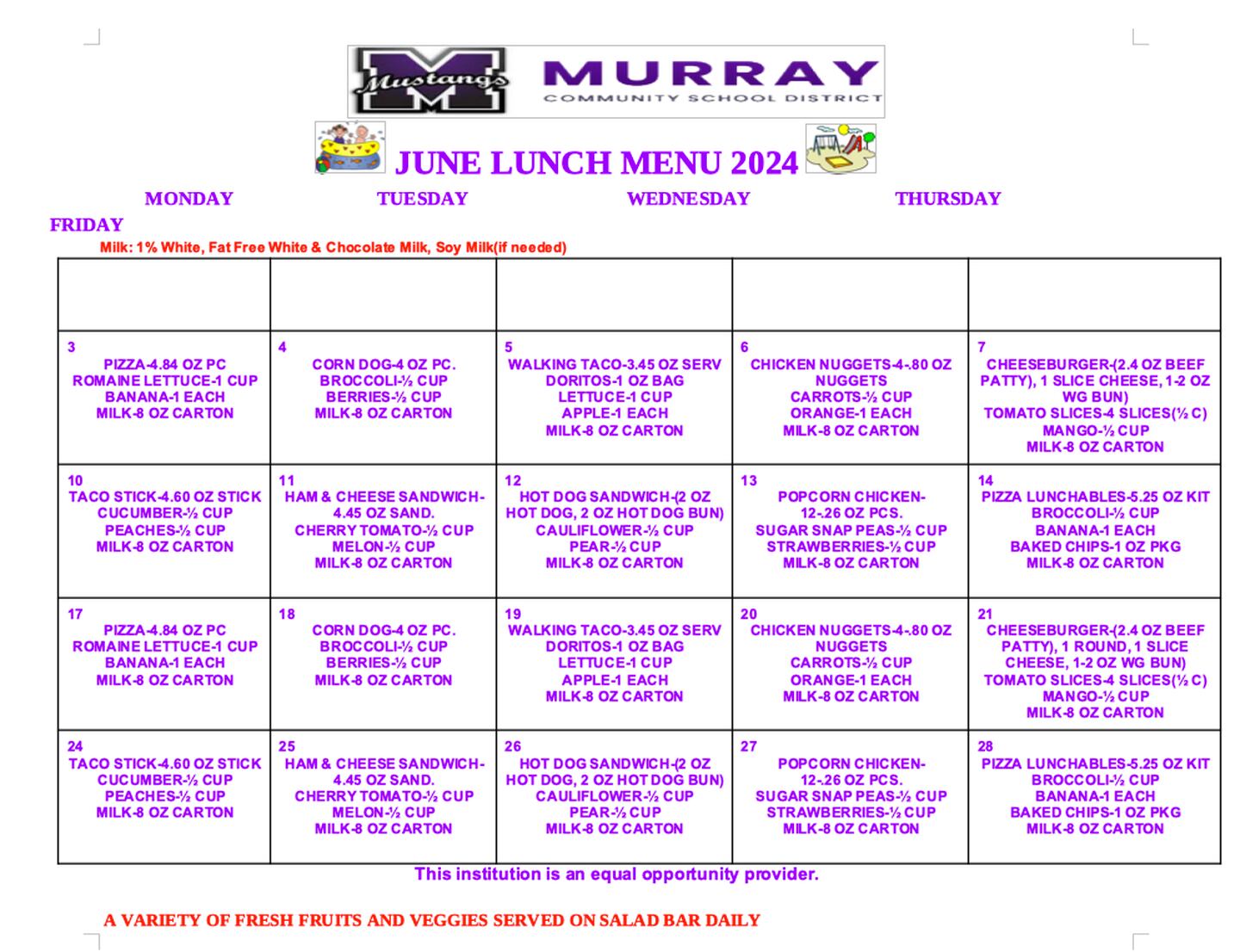 June Murray lunch menu 2024