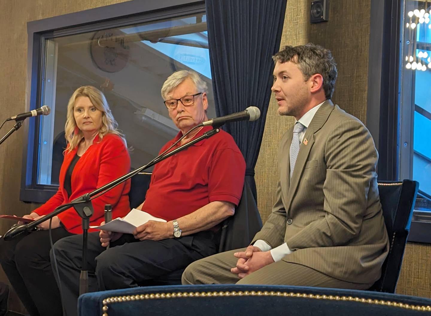 Brenda Brammer-Smith and Sam Wengryn answer questions at the Clarke County Republican Candidate forum on May 14.