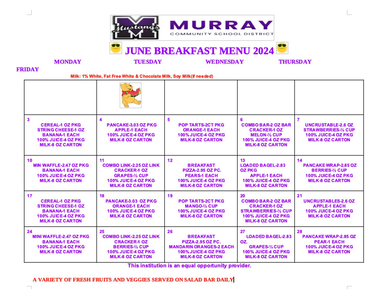 June Murray breakfast menu 2024